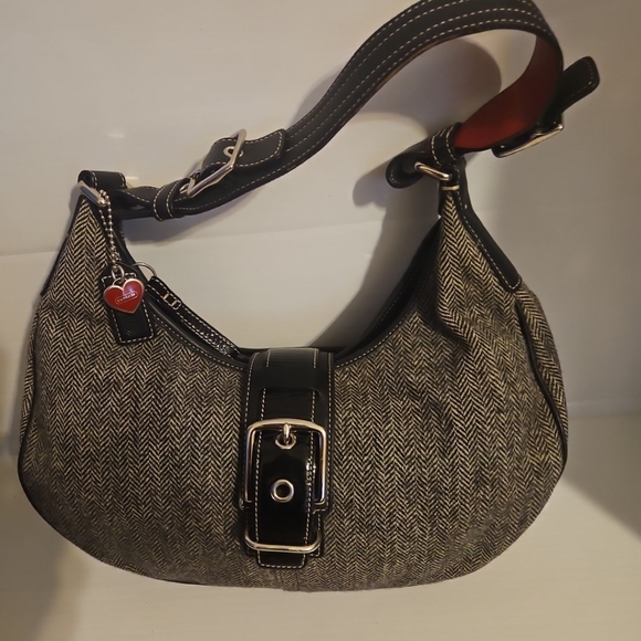 COACH G04J-1407 Vintage Black & Gray Herringbone Tweed Leather  Hobo Handbag 2YK - Picture 2 of 16